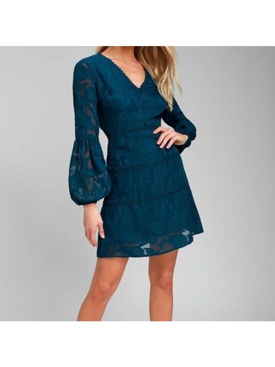 Lulu's Dresses & Skirts - Lulus Sapphire Away Lace Burn Out Long Sleeve Dress Size XS Teal